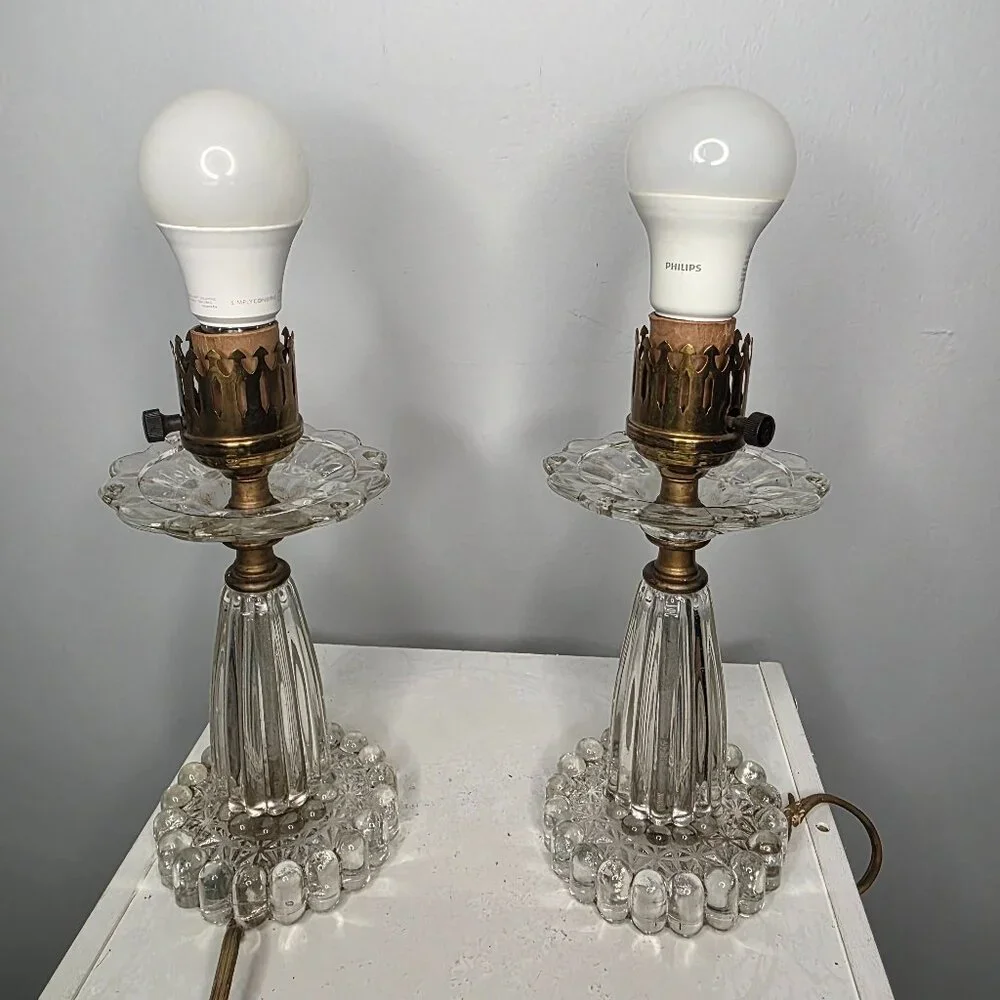 Vintage Boudoir Set of Two Clear Glass Table Lamps
